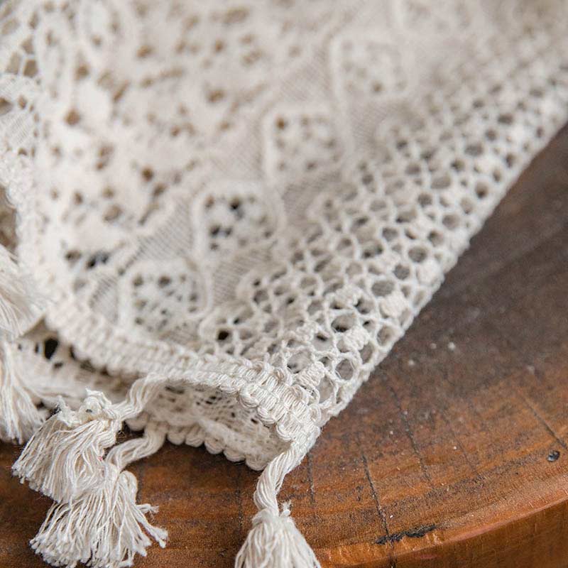 Cotton Beige Curtain Hollow-Out Tassel Drapes - image 8