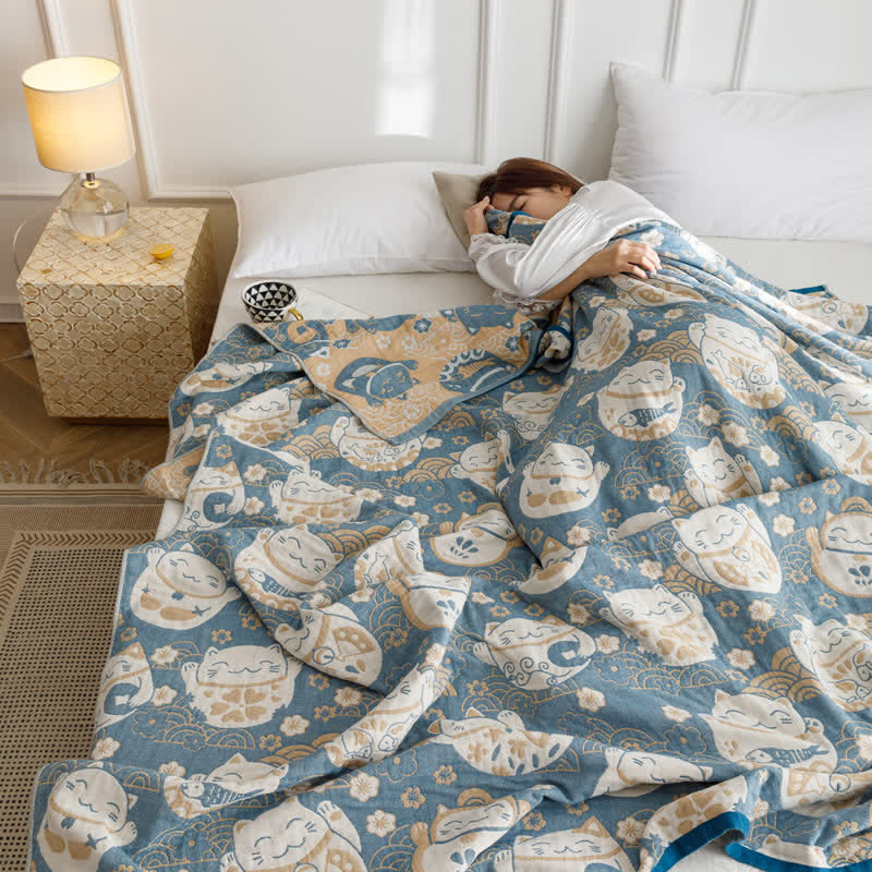 Cat Breathable Cotton Gauze Reversible Quilt - Blue - Queen - image 6