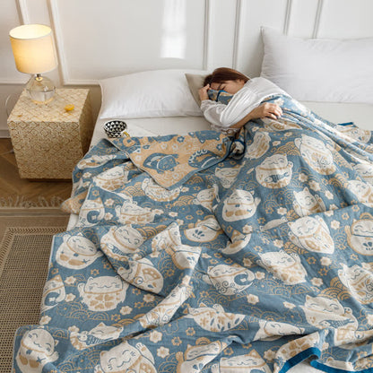 Cat Breathable Cotton Gauze Reversible Quilt - Blue - Queen - image 6