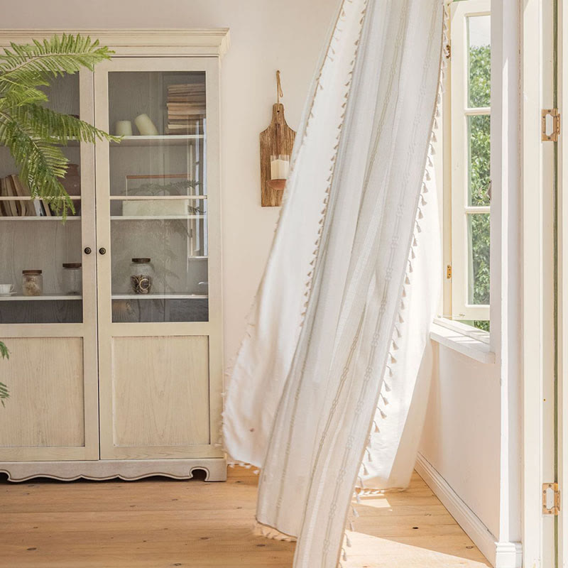 Stripe Semi-Blackout Curtain Hollow-Out Tassel Drapes - image 2