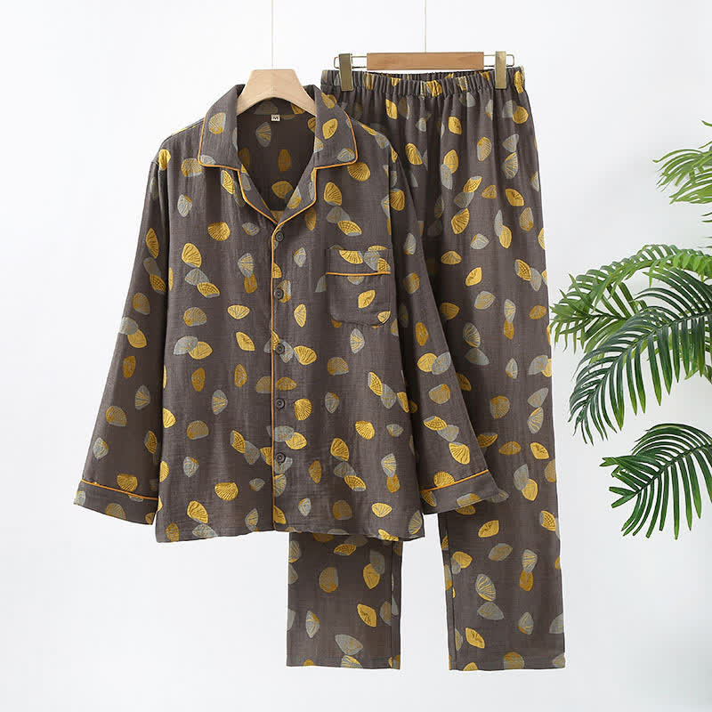 Luxurious Shell Cotton Lapel Pajama Set - Dark Gray & Yellow - XL - image 0