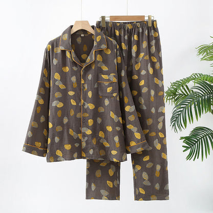 Luxurious Shell Cotton Lapel Pajama Set - Dark Gray & Yellow - XL - image 0