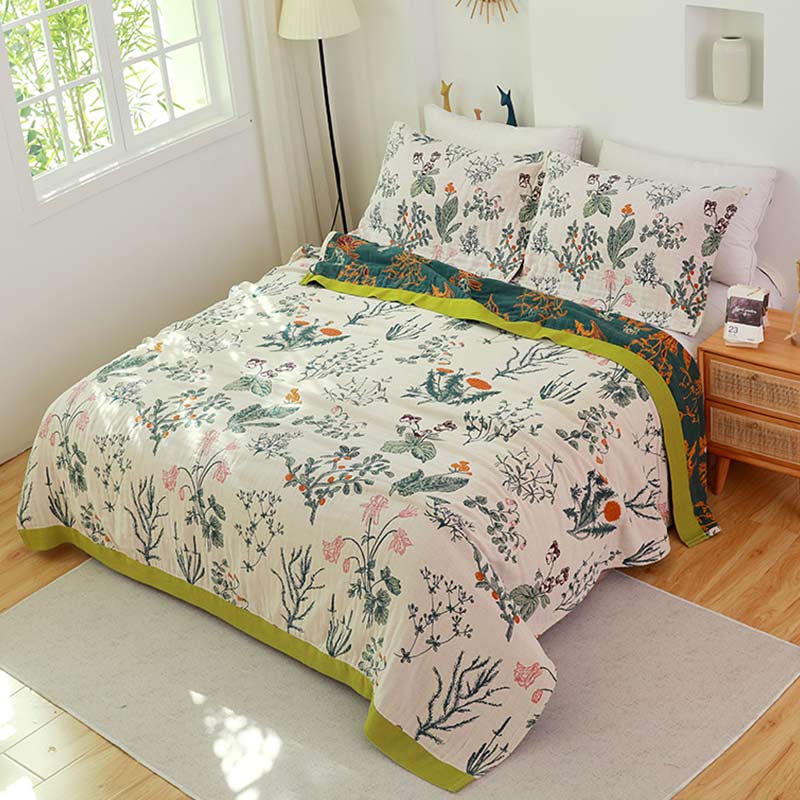 Flower Plant Cotton Reversible Soft Quilt - As Picture - King - image 0