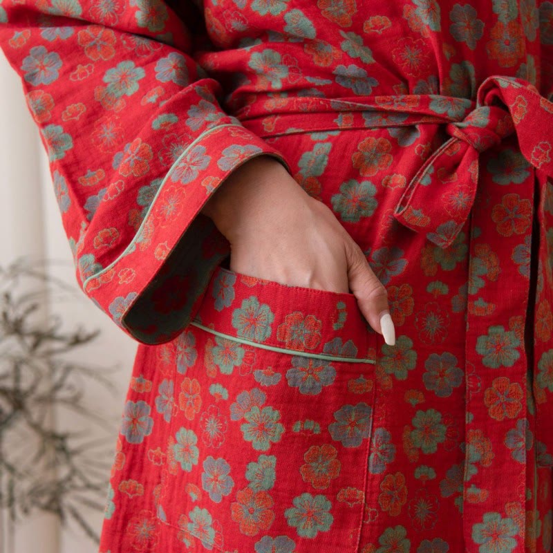 Plum Blossom Cotton Bathrobe With Tie - image 3