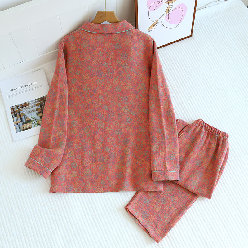 Rose Flower Cotton Lapel Nightwear Set - image 7