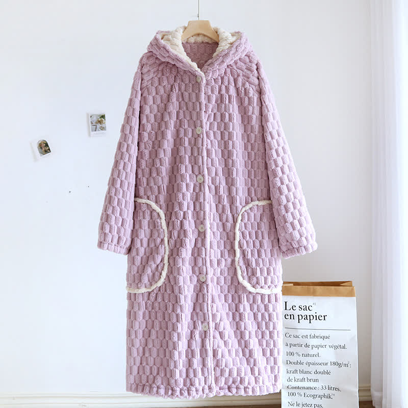 Solid Color Warm Flannel Hooded Bathrobe - Purple - L - image 10