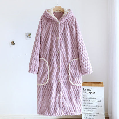 Solid Color Warm Flannel Hooded Bathrobe - Purple - L - image 10