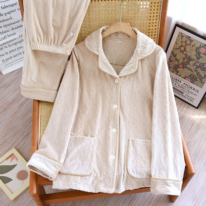 Solid Color Lapel Flannel Pajama Set - Beige - Women XL - image 5