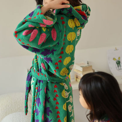 Colorful Vegetable Pattern Cotton Hooded Bathrobe - image 3