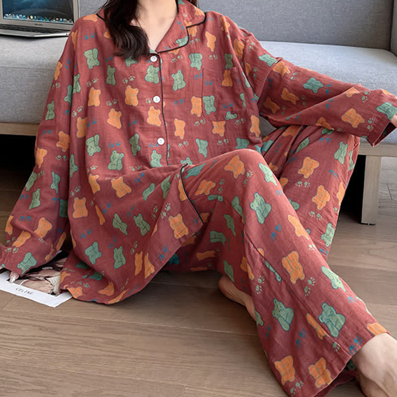 Plus Size Bear Cotton Lapel Loungewear Set - Brick Red - 5XL - image 0