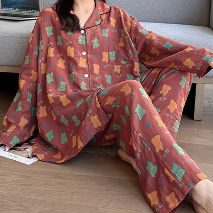 Plus Size Bear Cotton Lapel Loungewear Set - Brick Red - 5XL - image 0