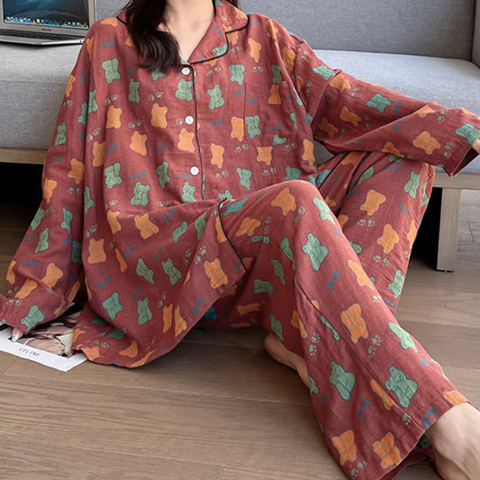 Plus Size Bear Cotton Lapel Loungewear Set - Brick Red - 5XL - image 0