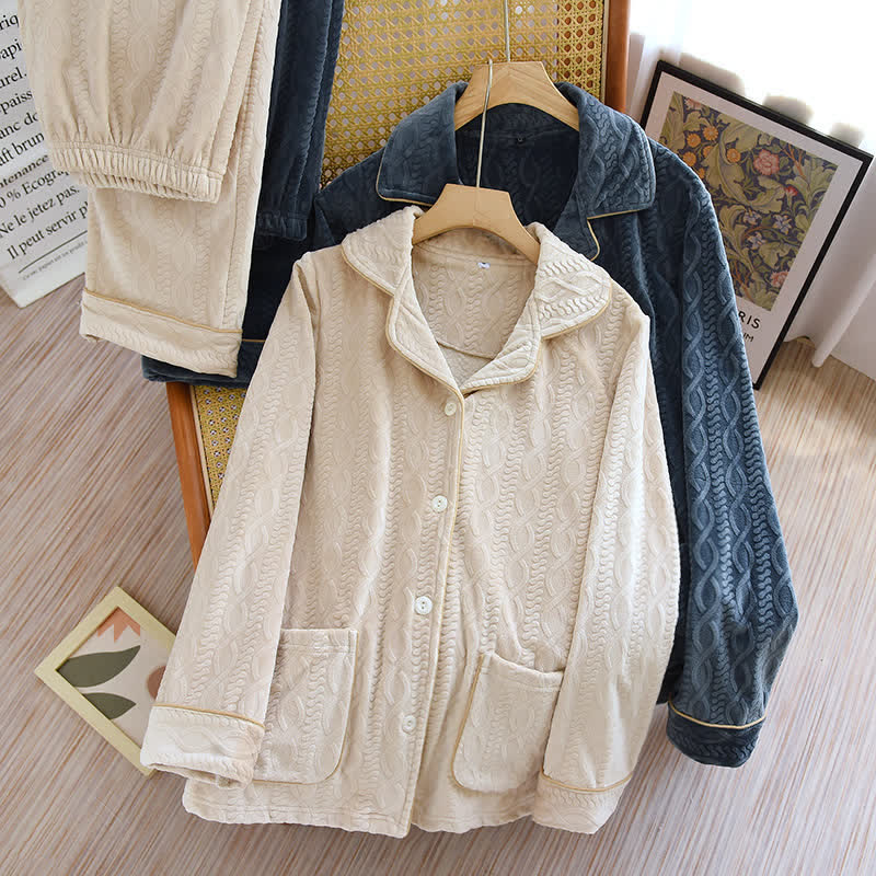 Solid Color Lapel Flannel Pajama Set - image 4