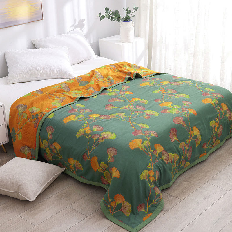 Ginkgo Leaf Jacquard Cotton Reversible Quilt - Green & Orange - King - image 0