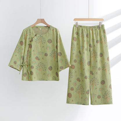 Leaf Tree Jacquard Cotton Loungewear Set - Green - XL - image 0