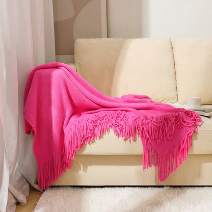 Simple Solid Color Tassel Throw Blanket - Rose Red - 51" x 94" - image 15