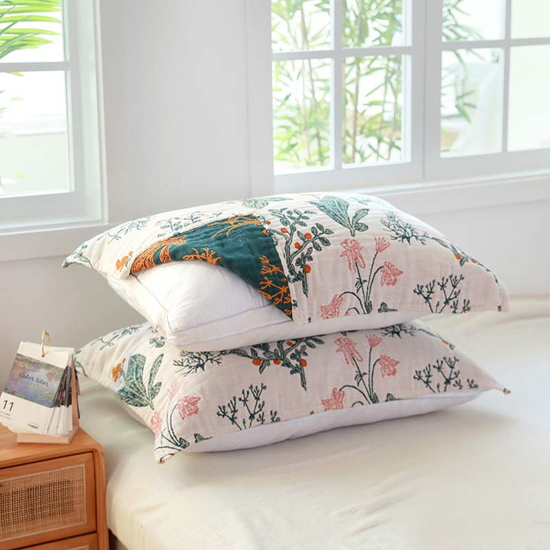 Flower Plant Cotton Gauze Pillow Towel (2PCS) - As Picture - 52cm x 75cm - image 0