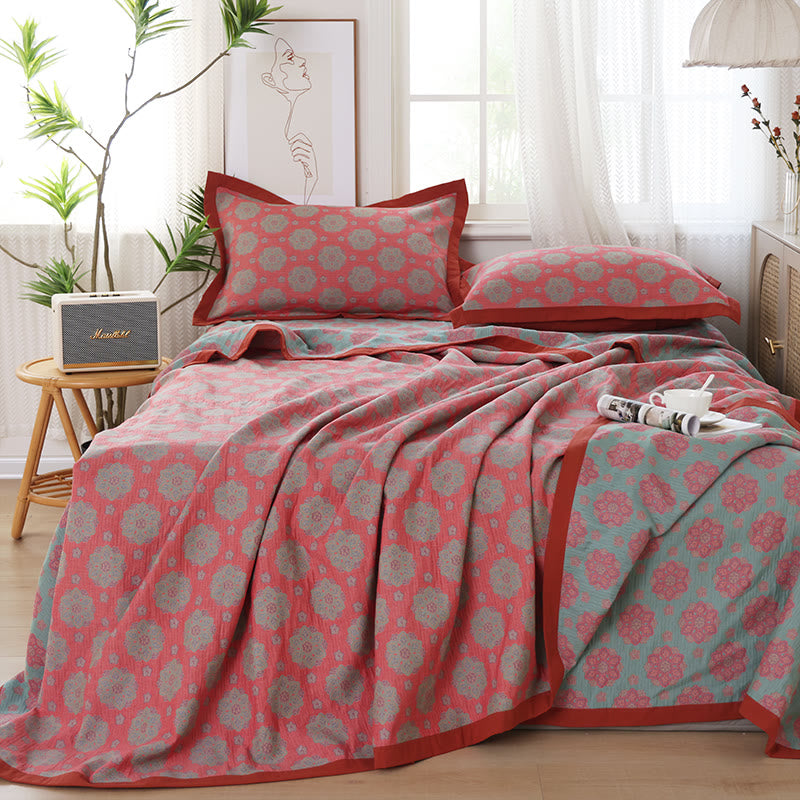 Flower Woven Cotton Gauze Reversible Quilt - 2PCS Pillowcases - Red & Lake Blue - 19" × 31" - image 0