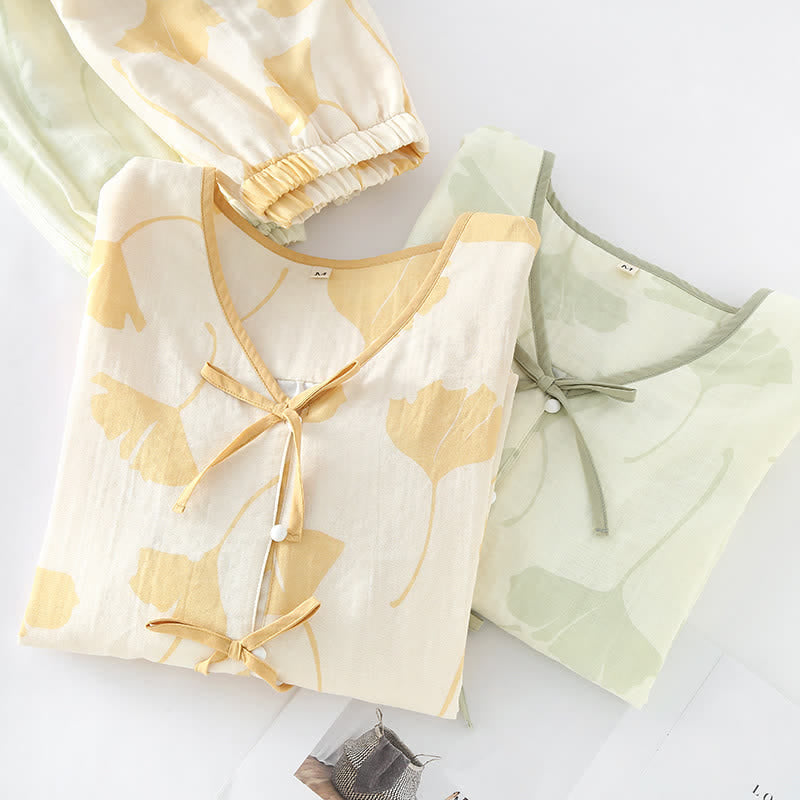 Ginkgo Leaf Bowknot Cotton Loungewear Set - image 2